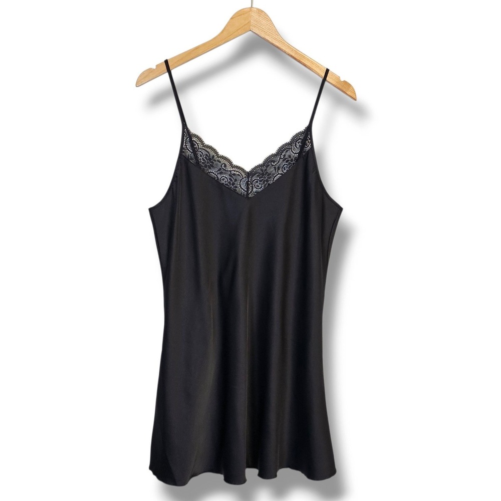 Ekouaer Chemise Slip Dress L Black Satin Lace Trim Adjustable Strap
